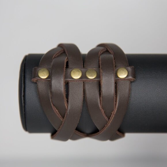 Viking Punk Boho Style Brown Woven Leather Cuff Snap Bracelet - Picture 2 of 10